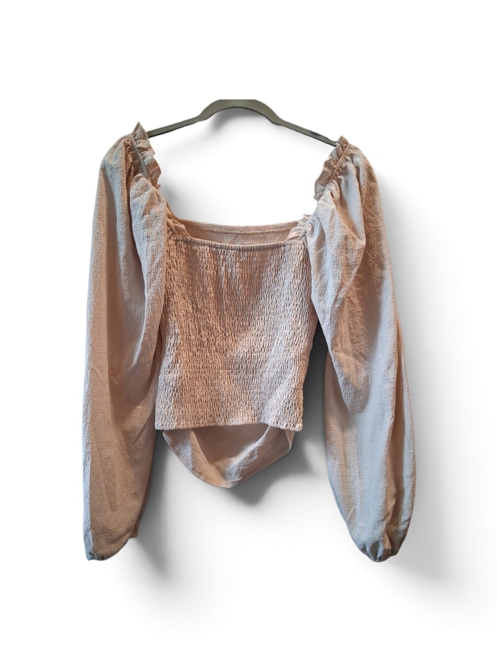 SHEIN Neutral Beige Smocked Square-Neck Puff Sleeve Blouse